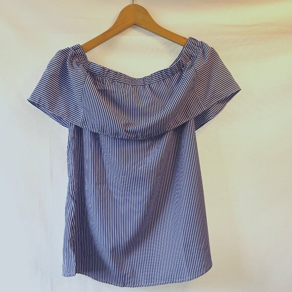 Staccato Off Shoulder Nautical Striped Top Blue White Small - Picture 2 of 6